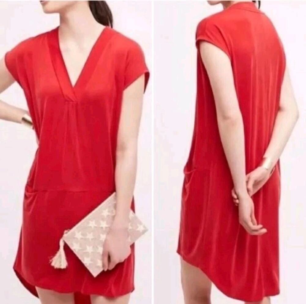 Dolan Left Coast Anthropologie Red Cupro V-Neck Pocket Dress L Vegan Silk Boho